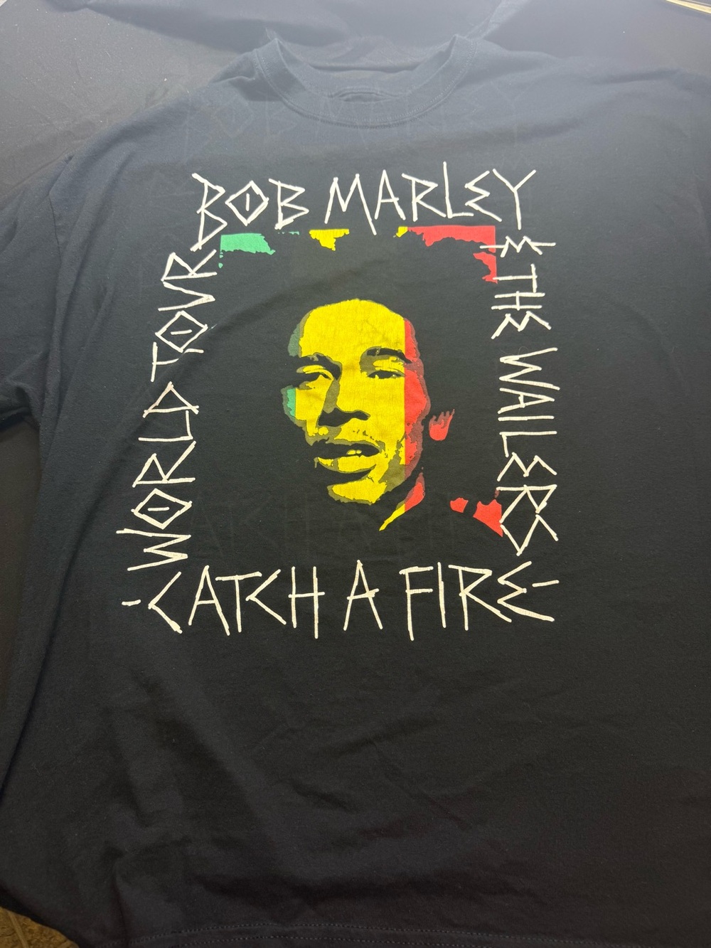 Zion Rootswear Bob Marley Portrait Tee - Black with Red, Yellow, Green Print 2XL